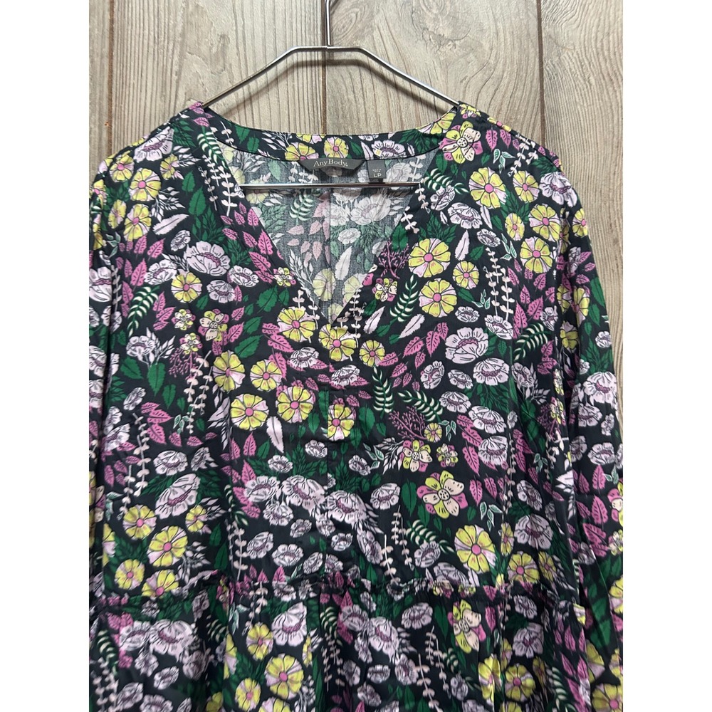 AnyBody Womens LP Black Floral Modal Tiered Long Sleeve V-Neck Dress Pockets - Picture 5 of 6